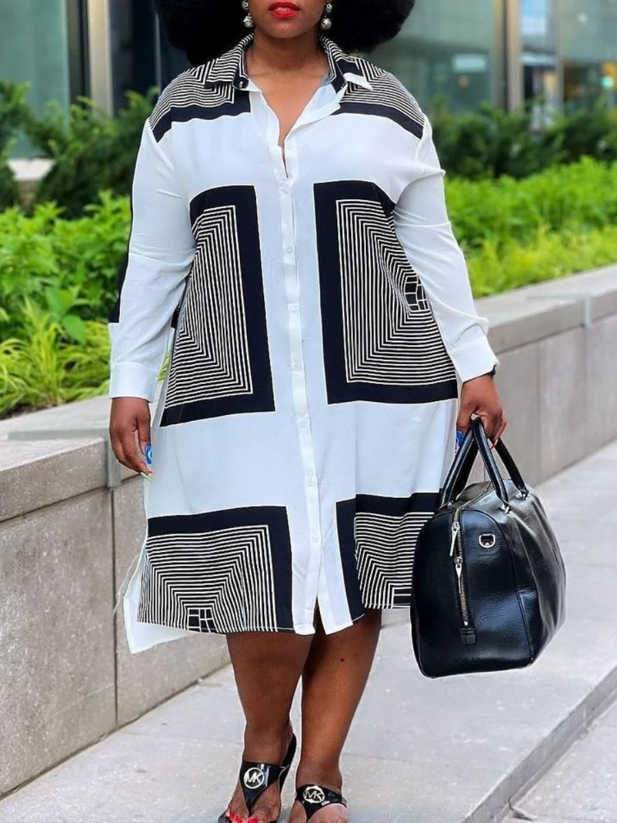

LW BASICS Plus Size Turndown Collar Geometric Print Shirt Dress, White
