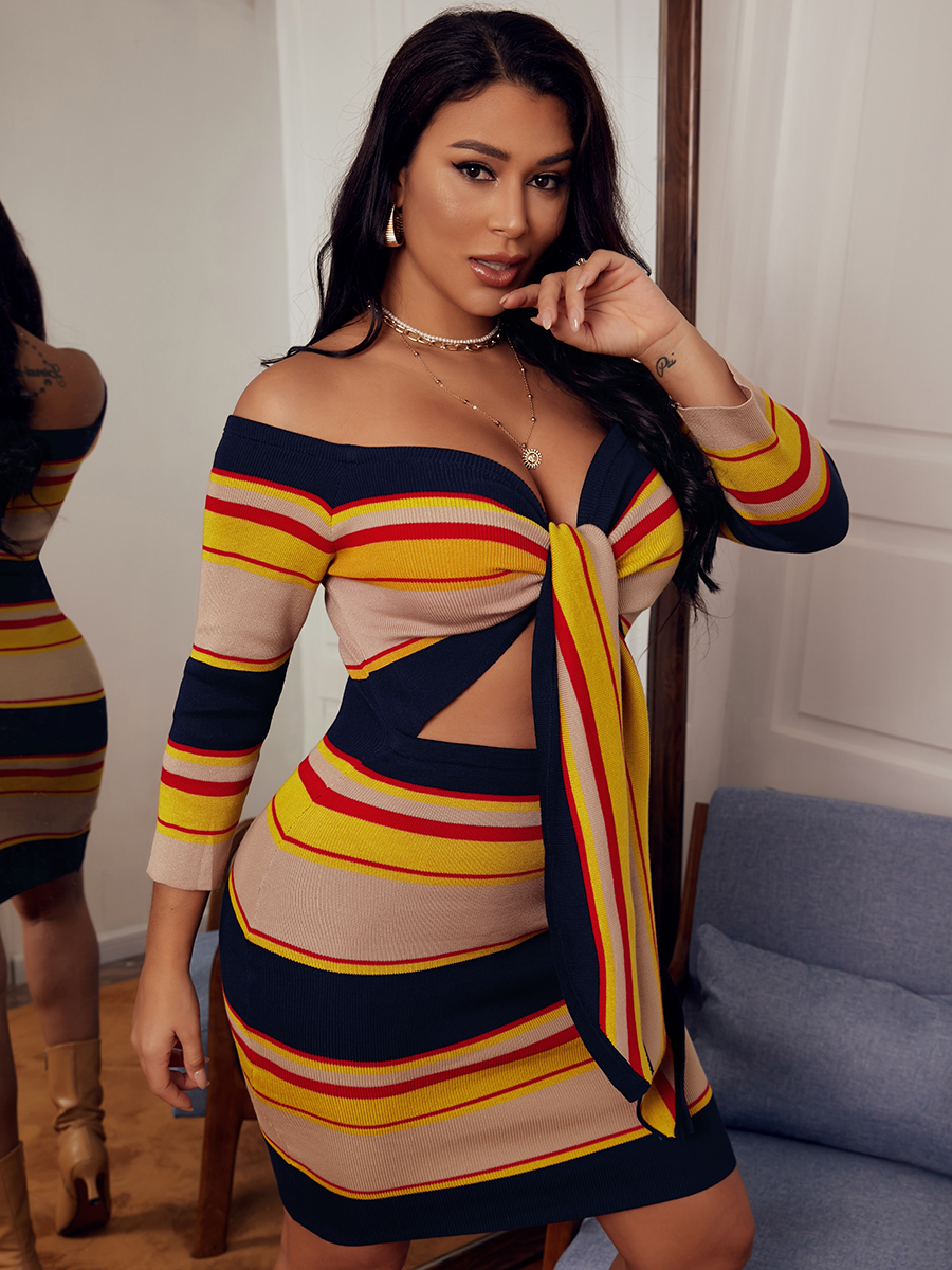 

LW SXY Striped Bandage Hollow-out Design Bodycon Dress, Khaki