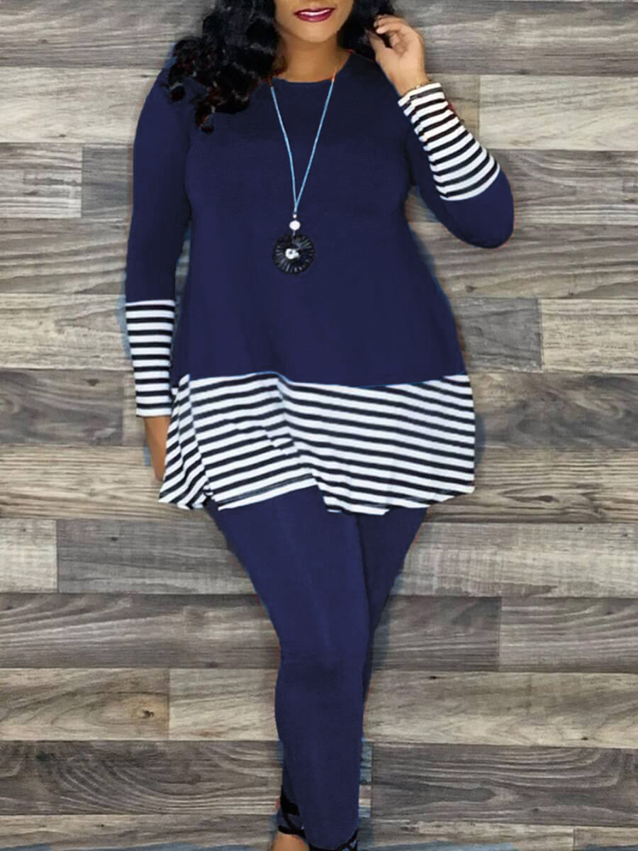 

LW Plus Size Casual O Neck Striped Patchwork Blue Two-piece Pants Set