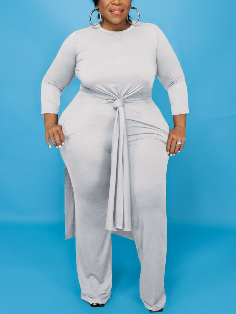 

LW BASICS Plus Size Round Neck Side Split Pants Set, Grey