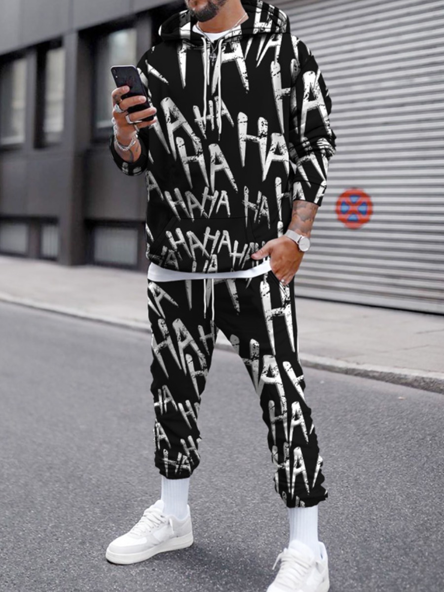 

LW Men Hooded Collar Letter Print Sweatsuit Set, Black