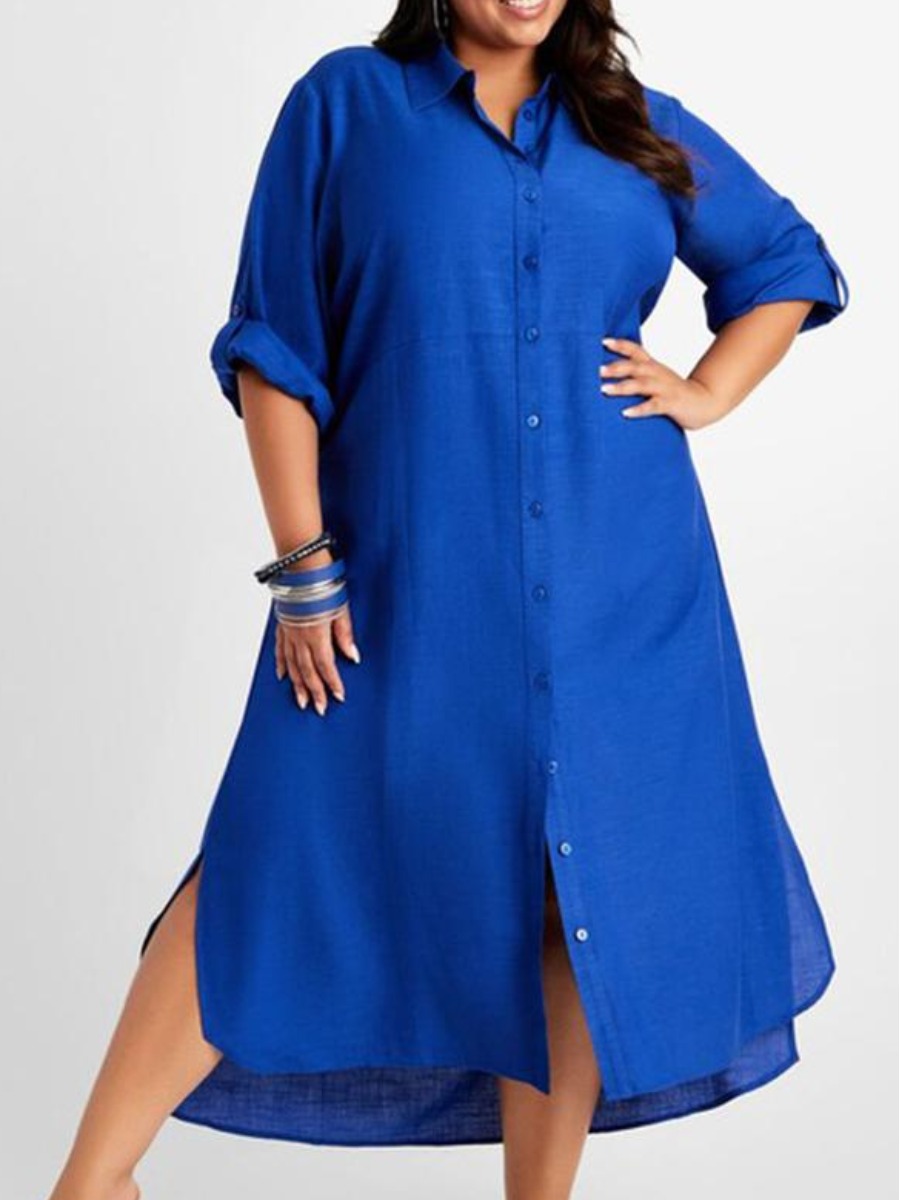 

LW Plus Size Button Design Slit Shirt Dress, Blue