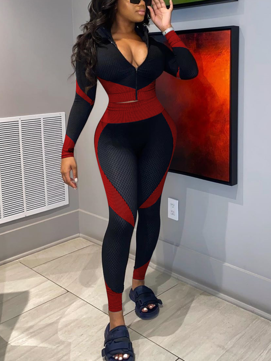

LW Striped Zipper Design Tracksuit Set, Red