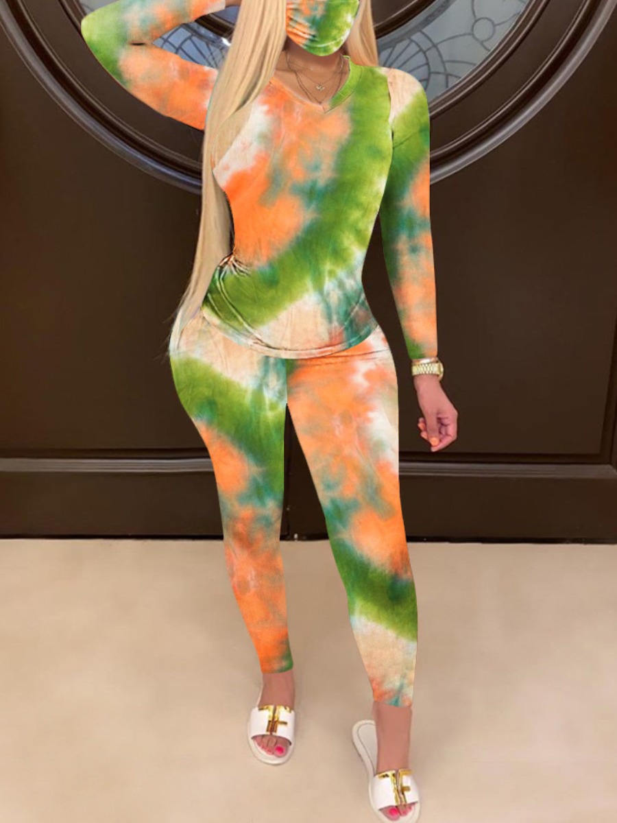 

LW V Neck Tie-dye Pants Set (With Mask), Orange
