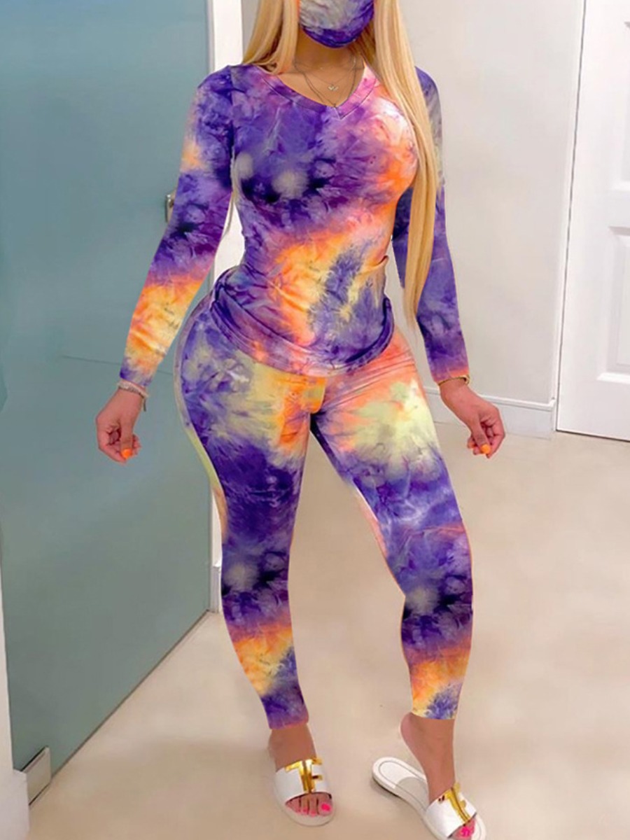

LW V Neck Tie-dye Pants Set (With Face Mask), Purple