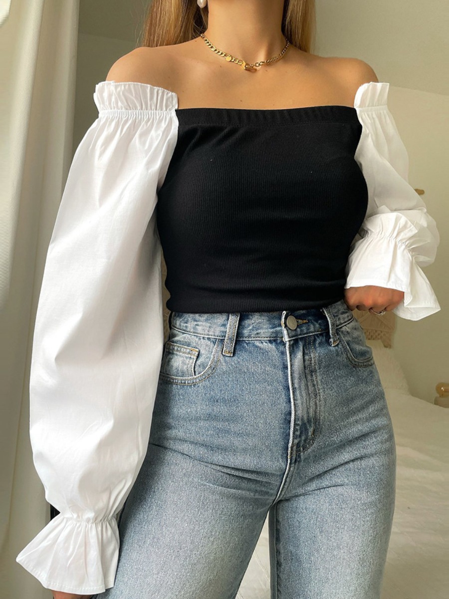 

LW Off The Shoulder Puff Sleeve T-shirt, Black