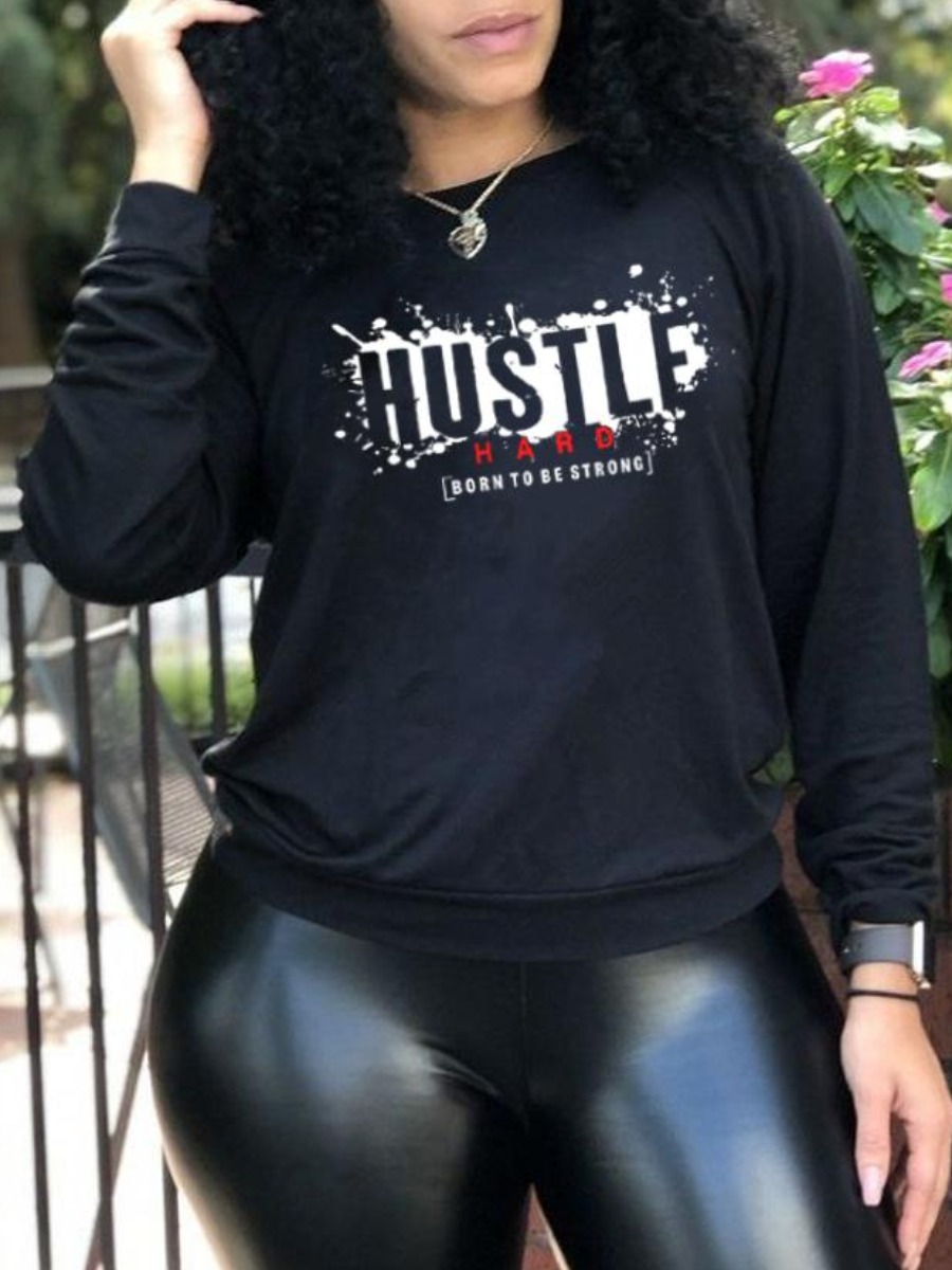 

LW Round Neck Letter Print Sweatshirt, Black