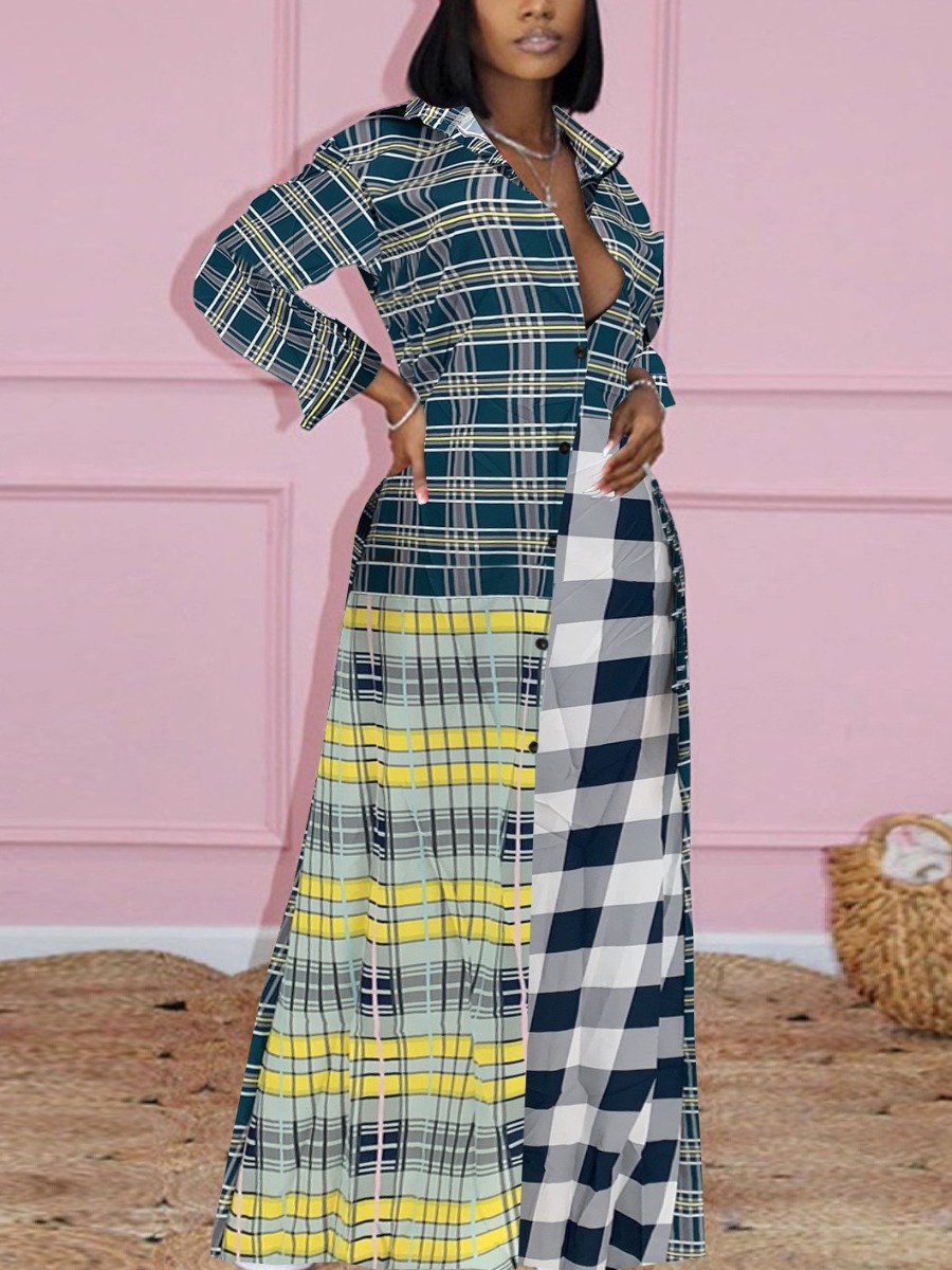 

LW Plaid Print A Line Shirt Dress, Multicolor lattices