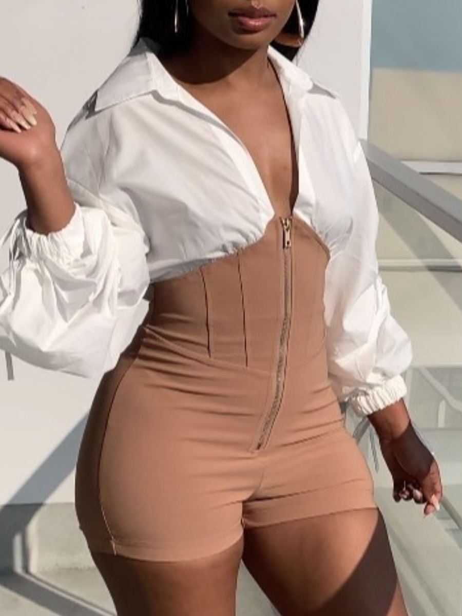 

LW Fold Zipper Design Romper, Khaki