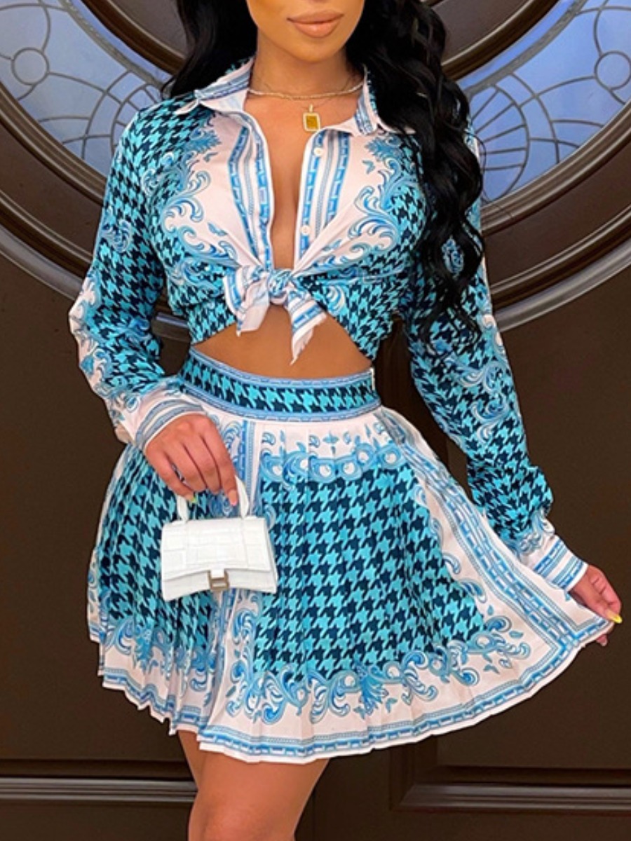 

LW Hound Stooth Pleated Skirt Set, Blue