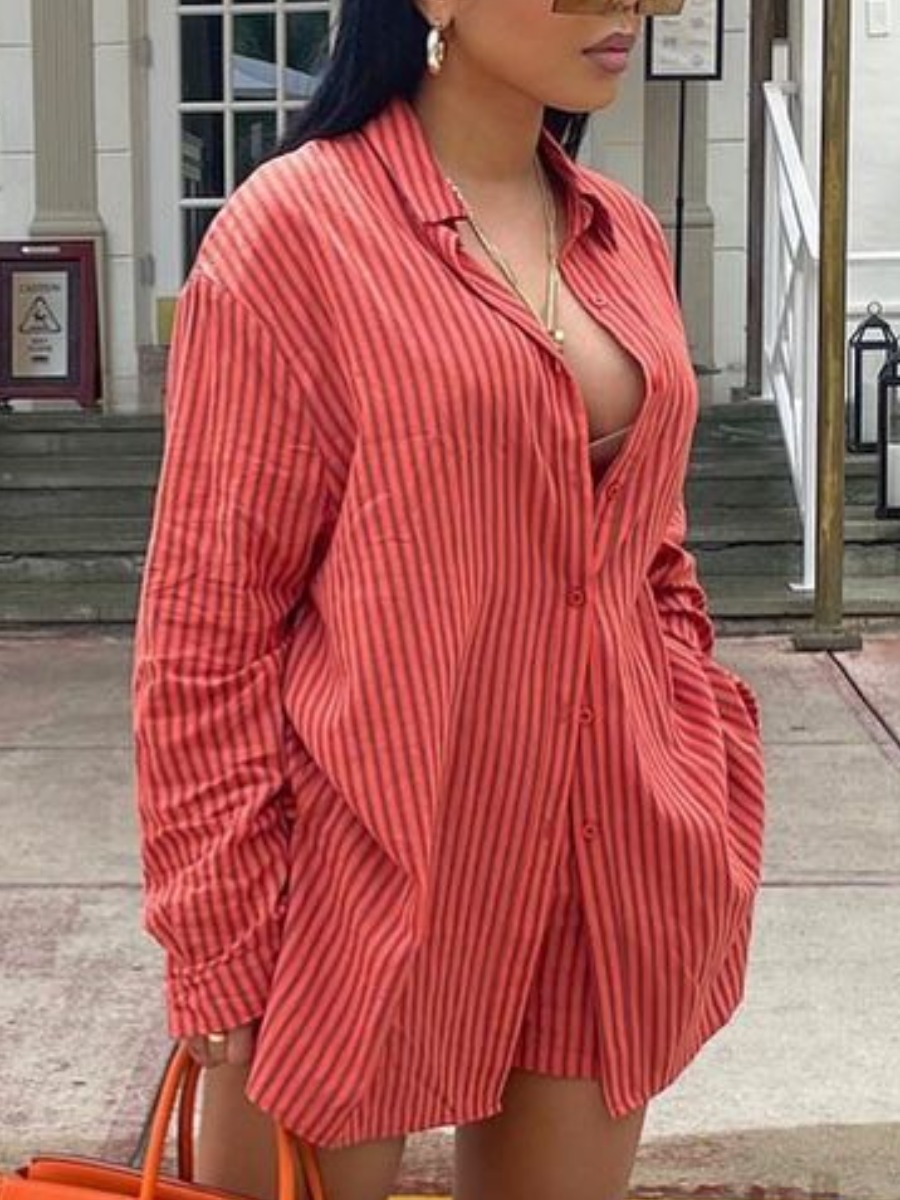 

LW Turndown Collar Striped Shorts Set, Red