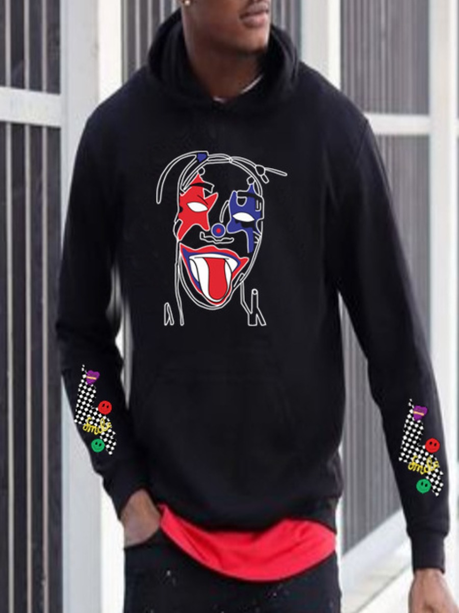 

LW Men Hooded Collar Cartoon Print Hoodie, Black