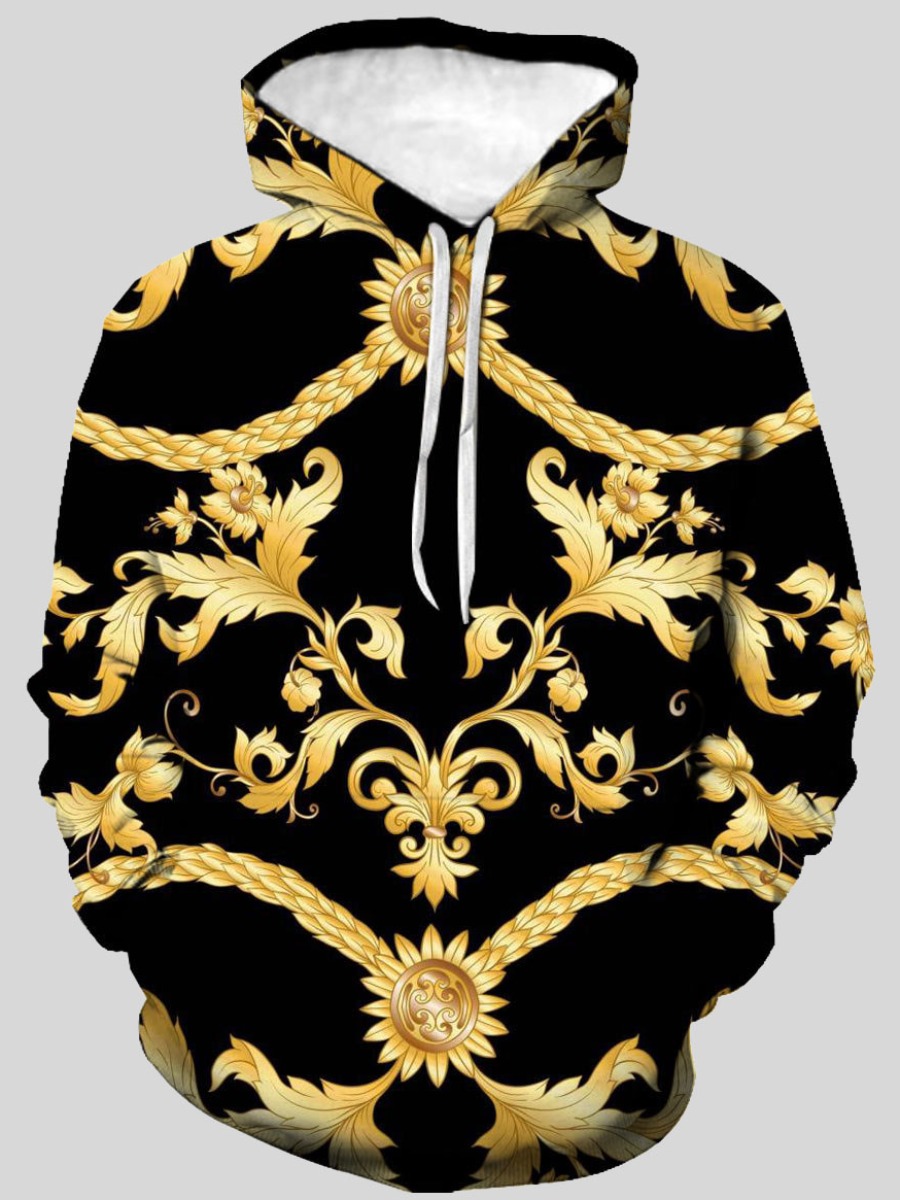 

LW Men Floral Print Kangaroo Pocket Hoodie, Black
