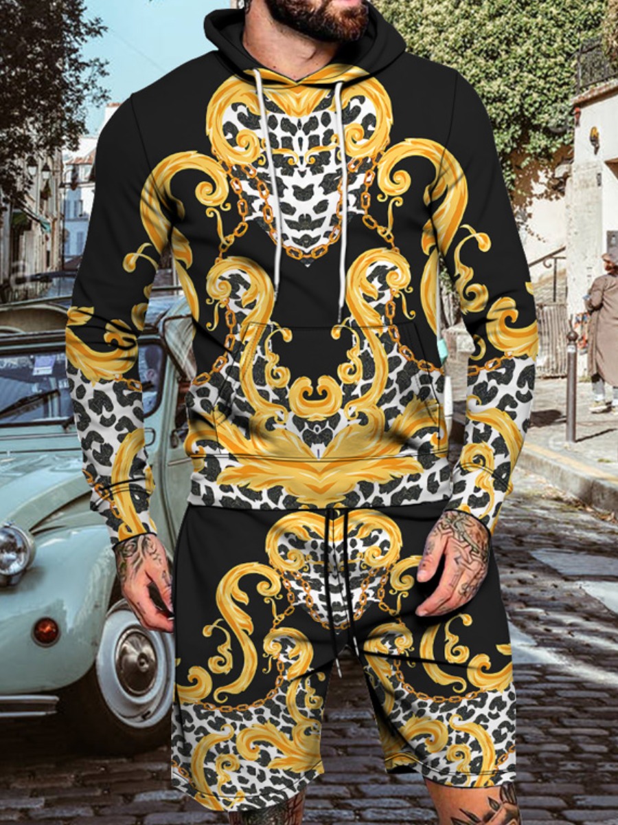 

LW Men Animal Chain Print Sweatsuit Set, Yellow