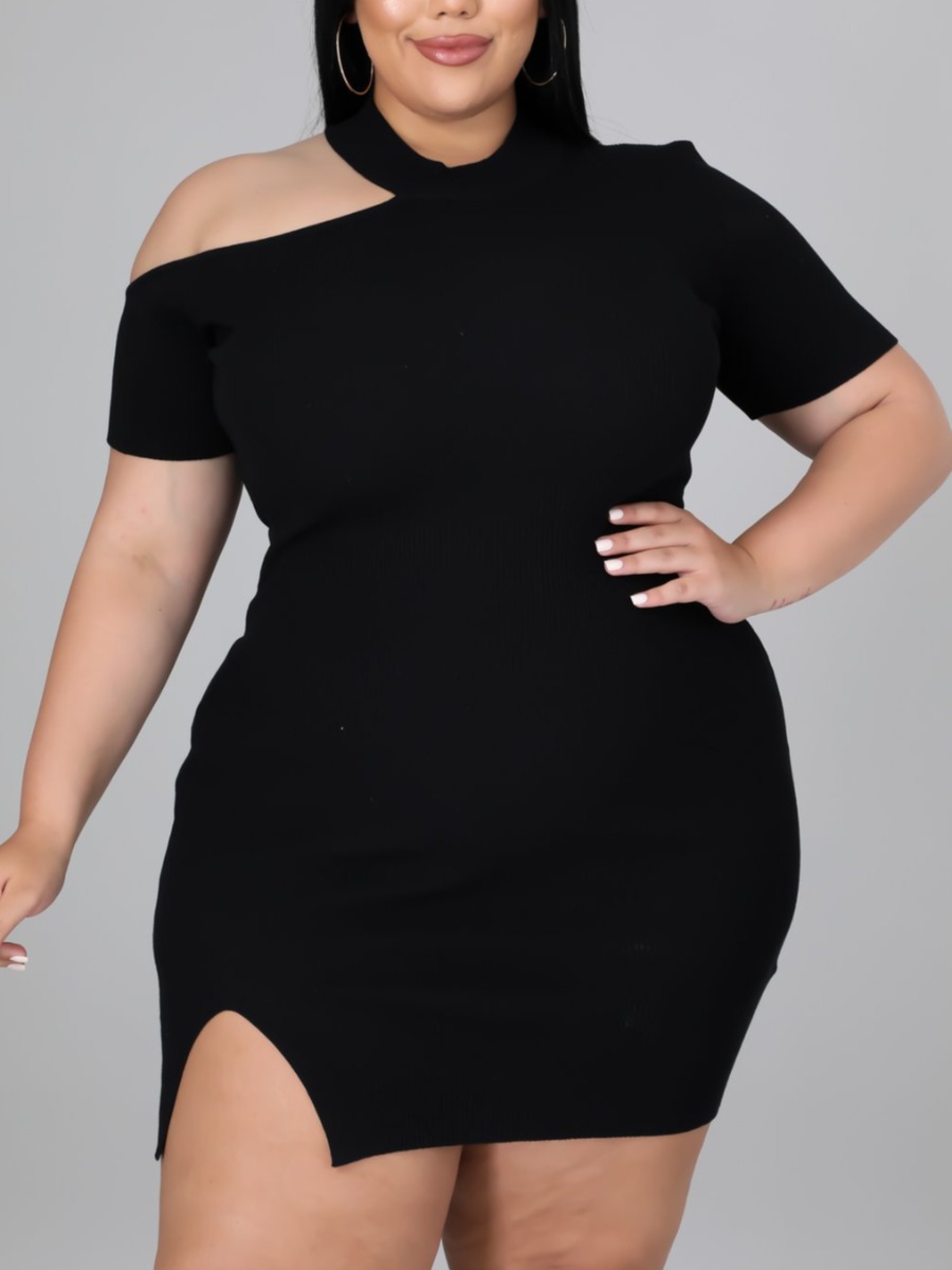 

LW Plus Size One Shoulder Rib-Knit Slit Bodycon Dress, Black