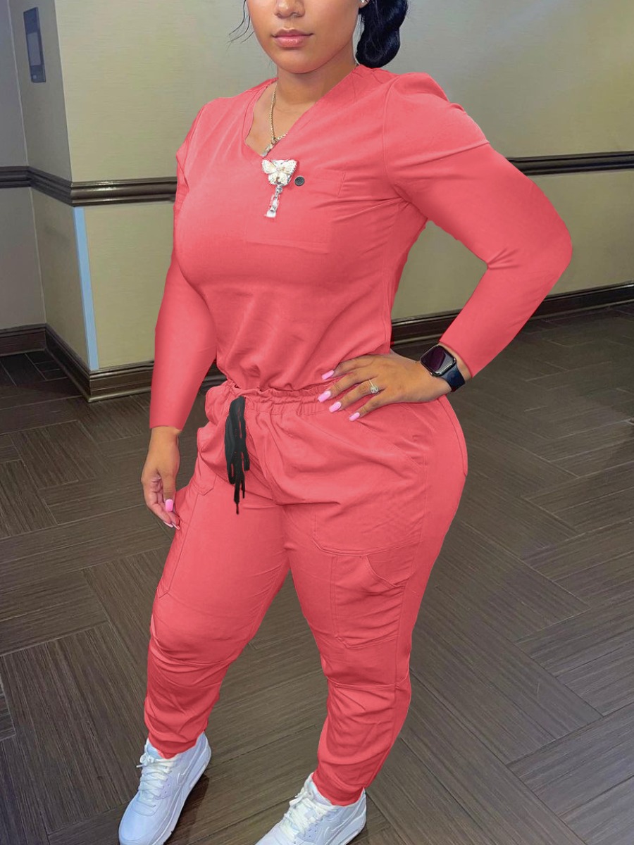 

LW V Neck Drawstring Pants Set, Pink