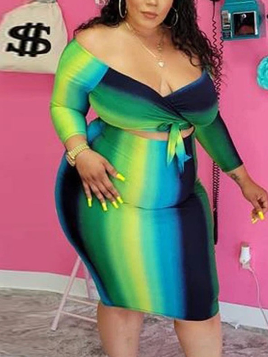 

LW Plus Size Off The Shoulder Gradient Hollow-out Dress, Blue stripe