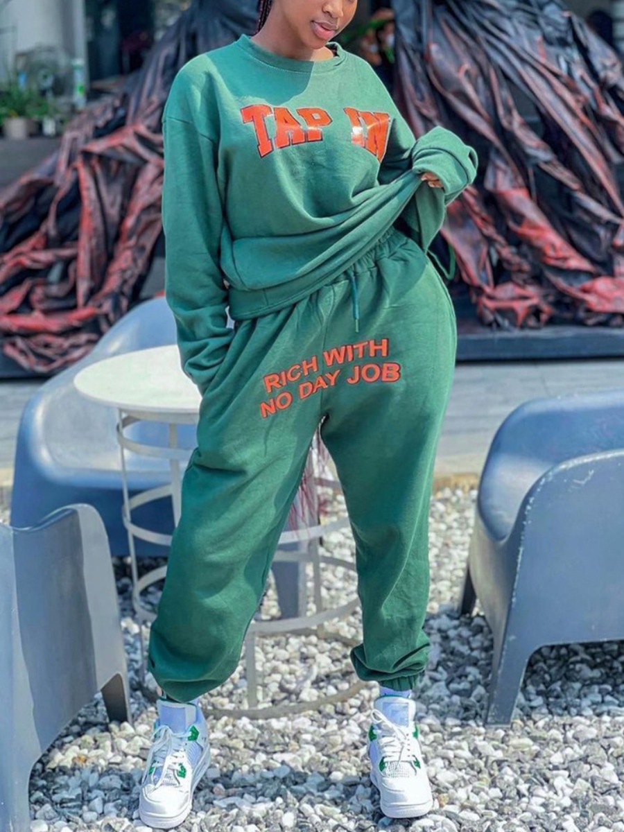 

LW Plus Size Letter Print Oversized Pants Set, Green