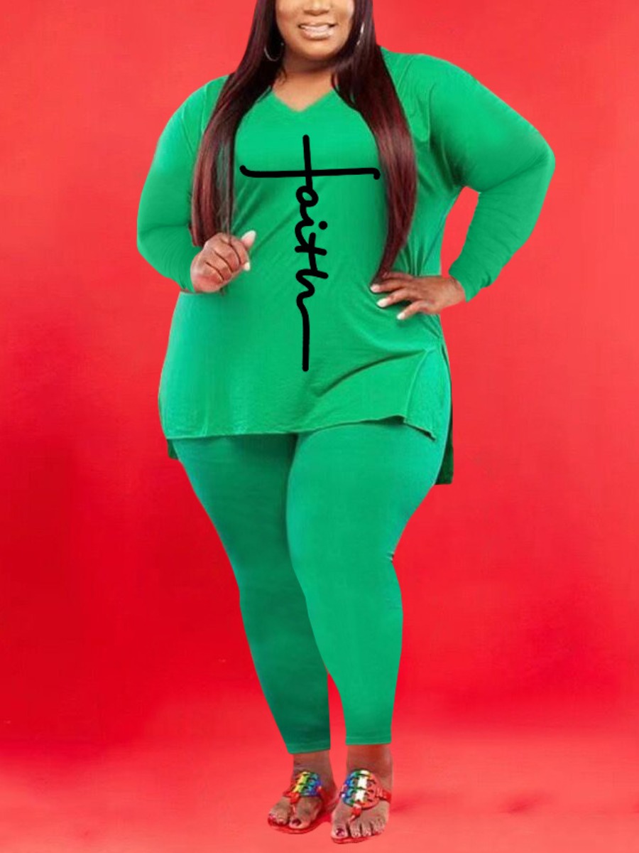 

LW Plus Size Letter Print Side Slit Pants Set, Green