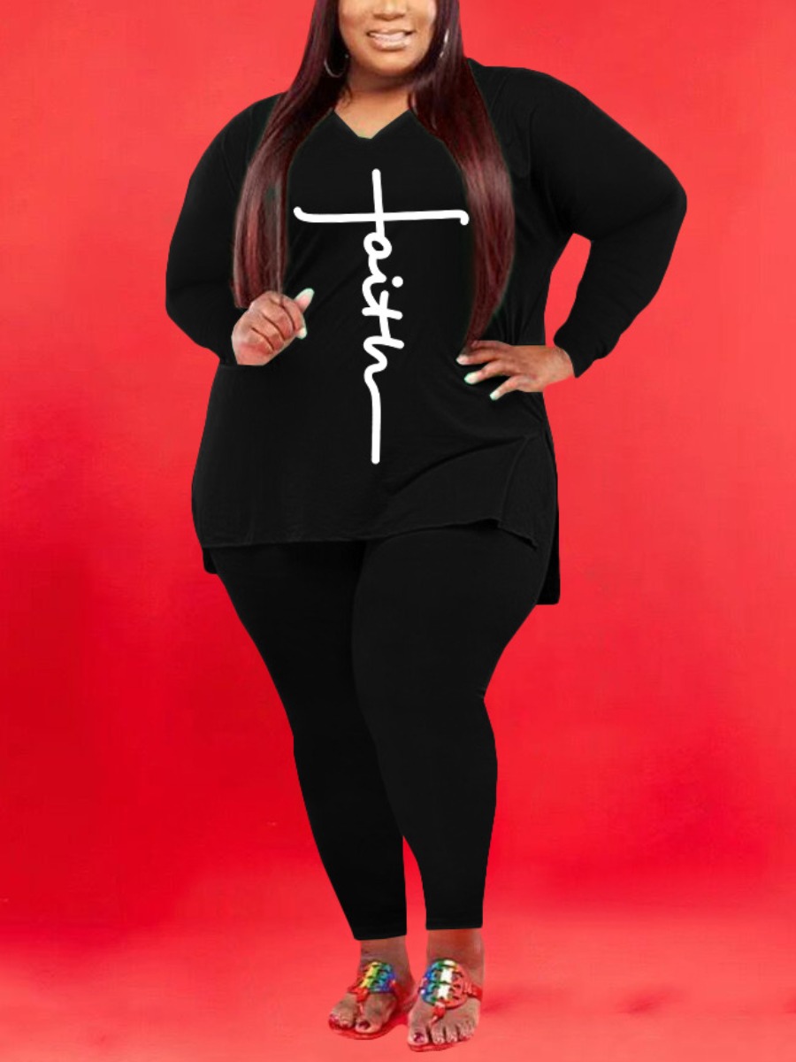 

LW Plus Size Letter Print Side Slit Pants Set, Black