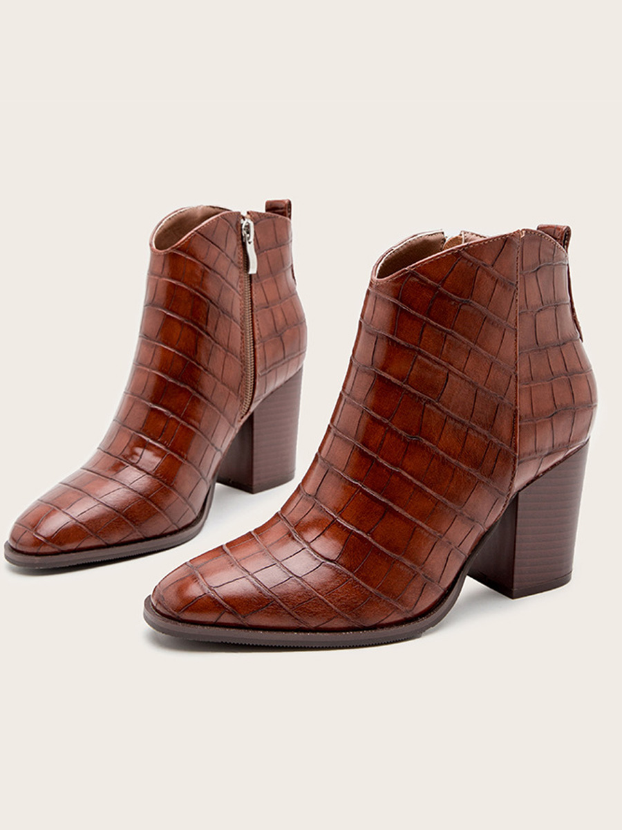 

LW Embossed Zipper Design Booties, Brown