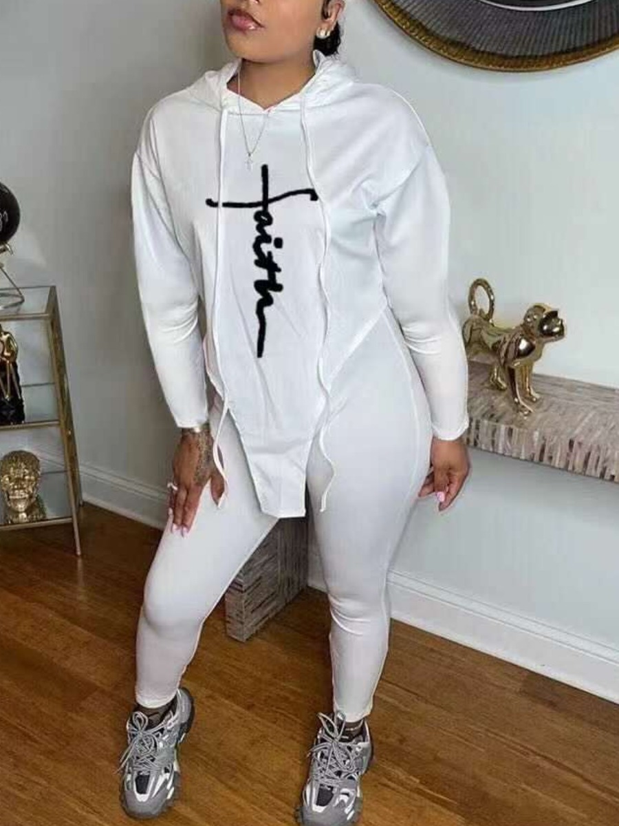 

LW Hooded Collar Letter Print Sweatsuit Set, White