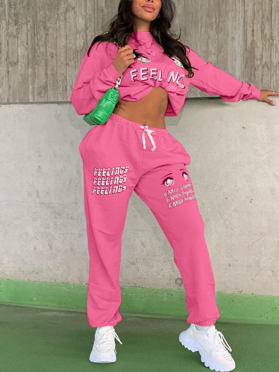 

LW Letter Print Oversized Pants Set, Rose red