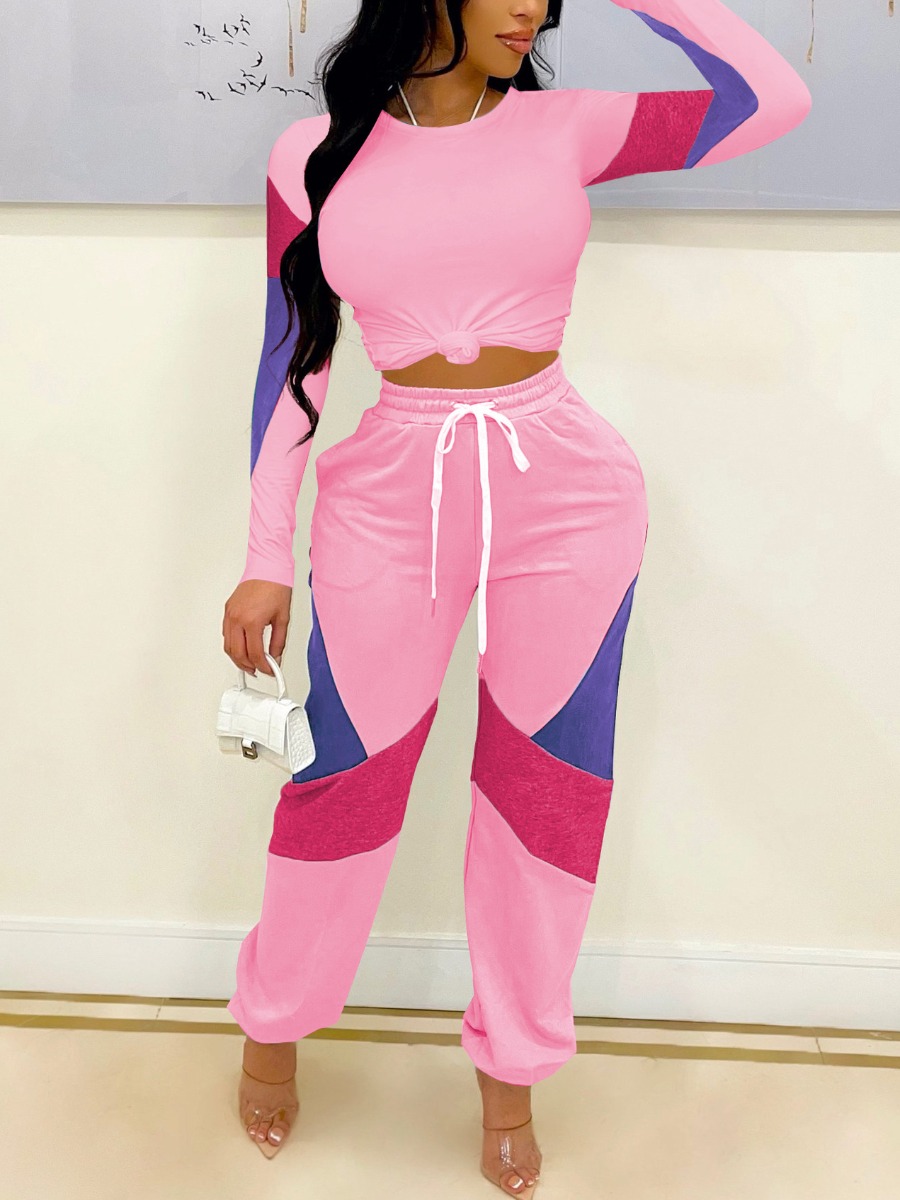 

LW Color-lump Drawstring Pants Set, Pink
