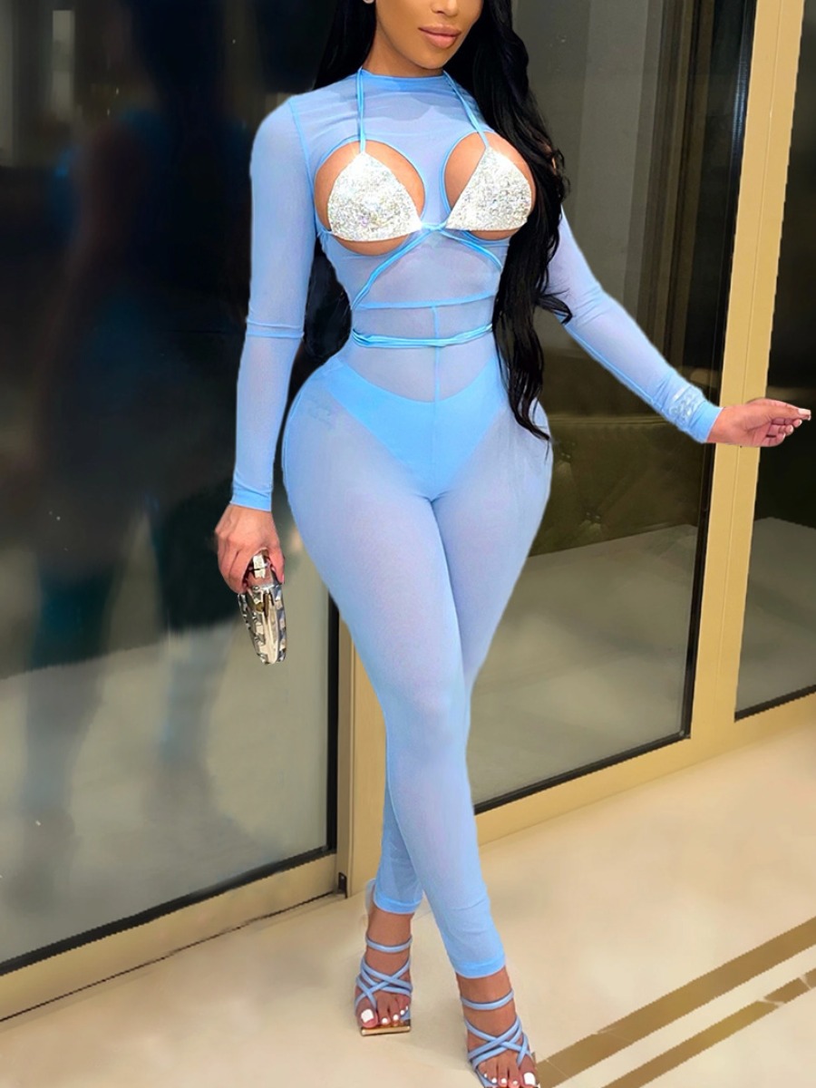

LW SXY Hollow-out See-through Jumpsuit (With Bra), Blue