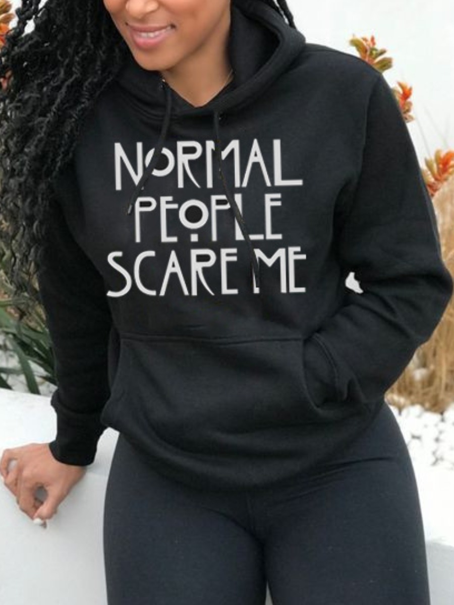 

LW Letter Print Oversized Hoodie, Black