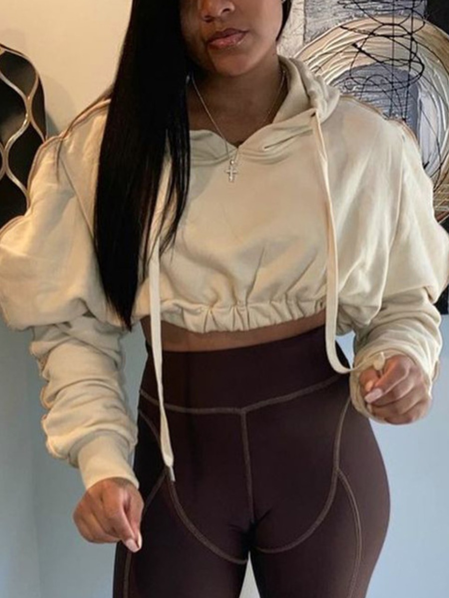 

LW Puff Sleeve Crop Top Hoodie, Apricot