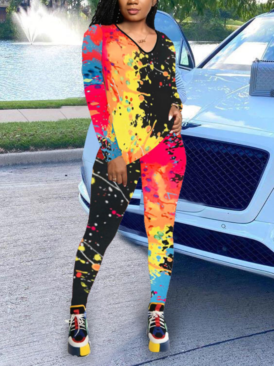 

LW Street O Neck Graffiti Print Multicolor Two Piece Pants Set, Multi