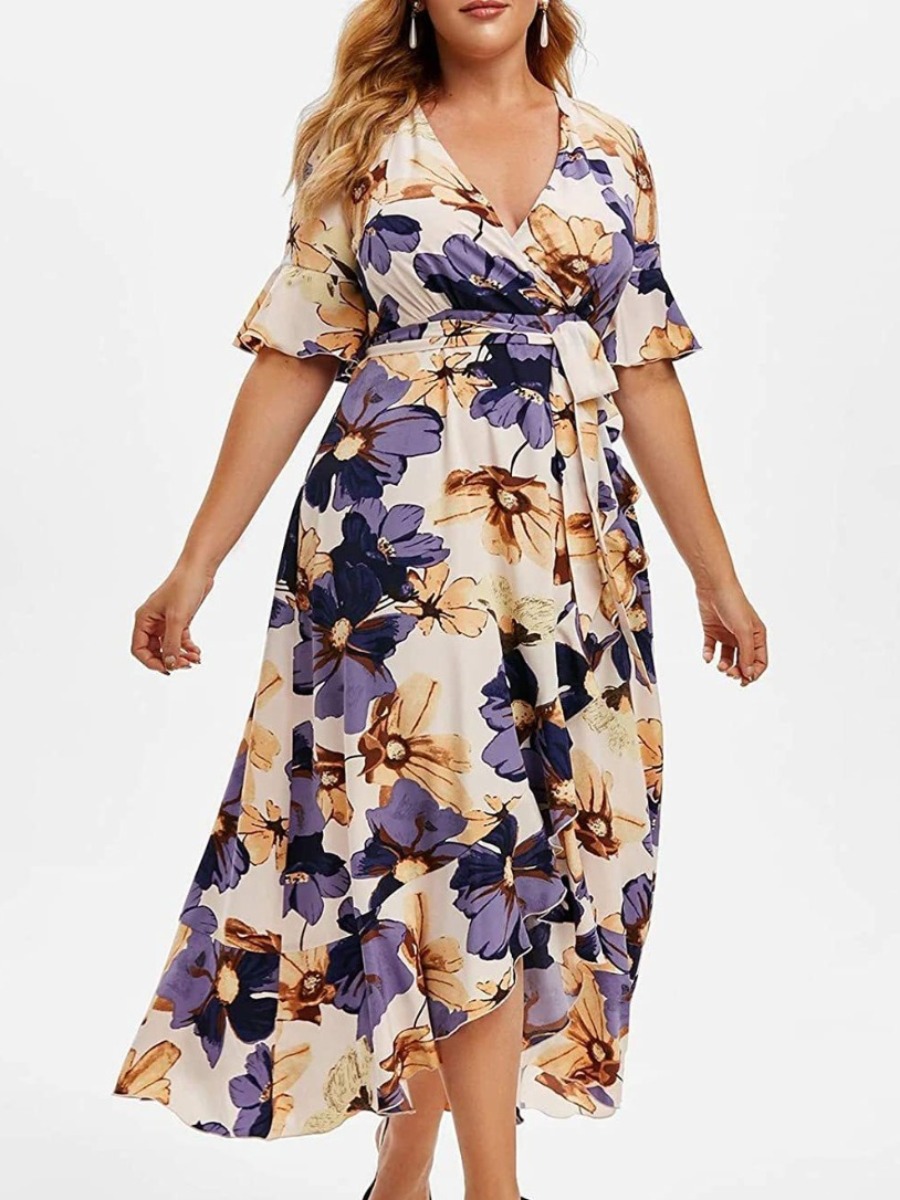 

LW Plus Size Floral Print Bandage Design A Line Dress, Apricot