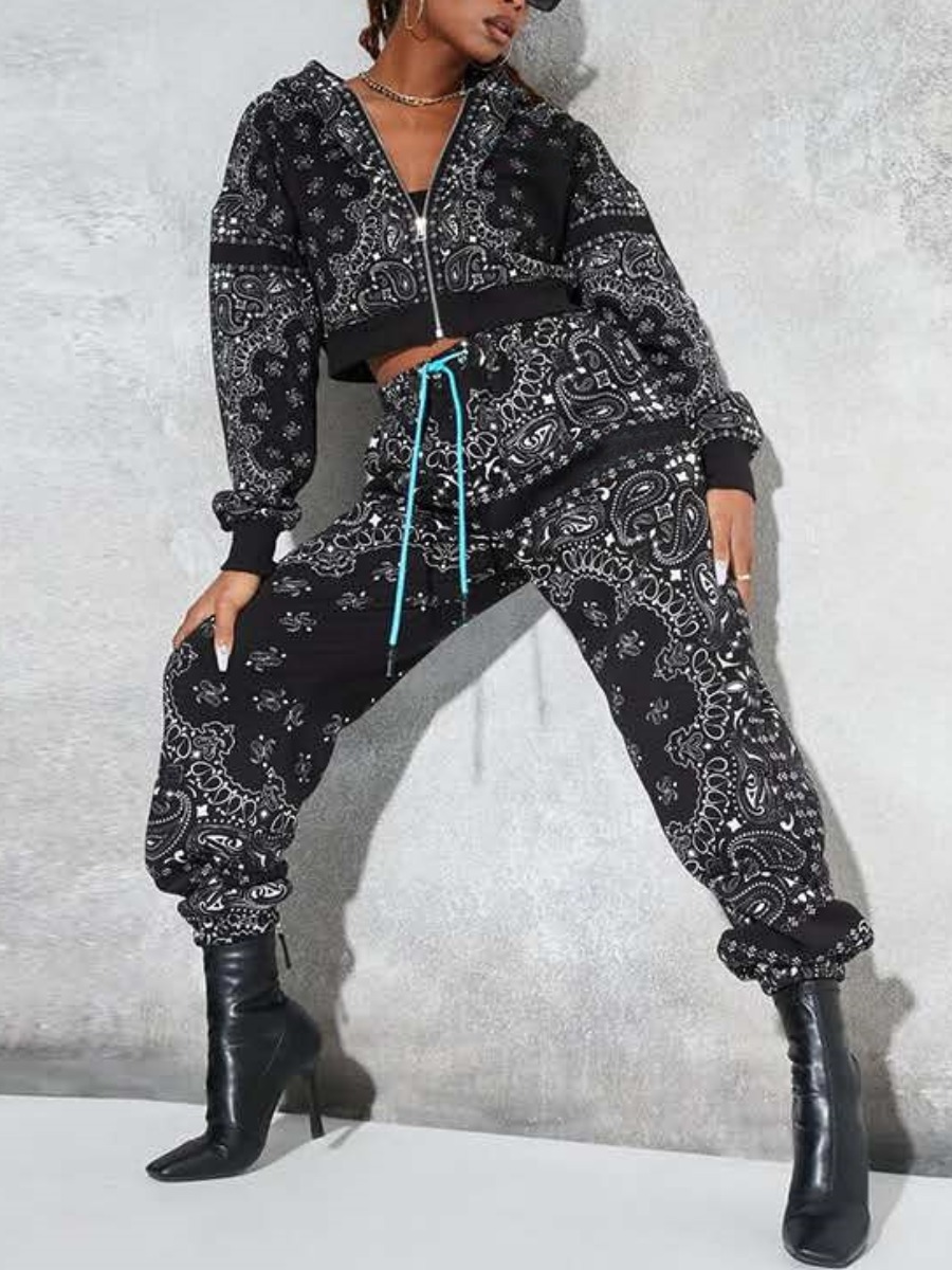 

LW Cashew Print Drawstring Tracksuit Set, Black