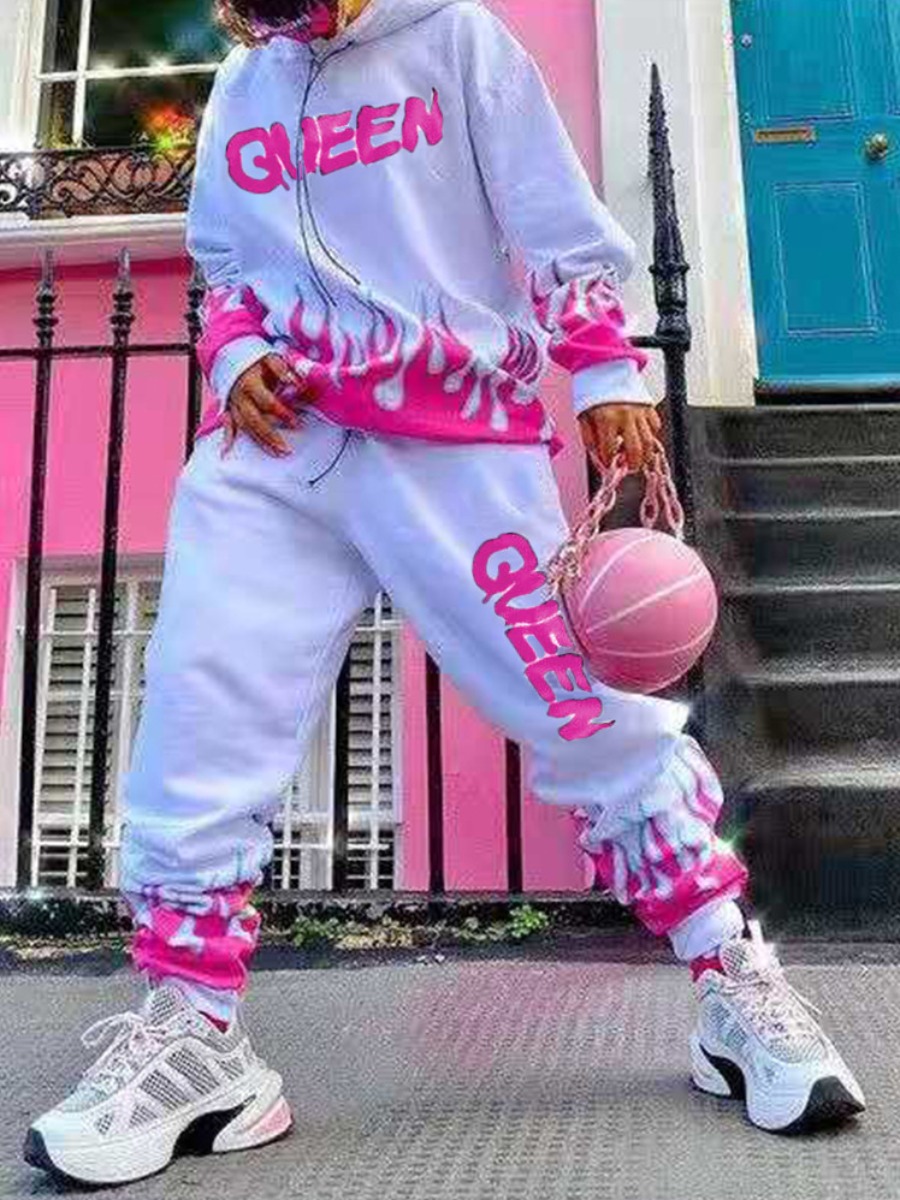 

LW Letter Flame Print Oversized Sweatsuit Set, Rose red