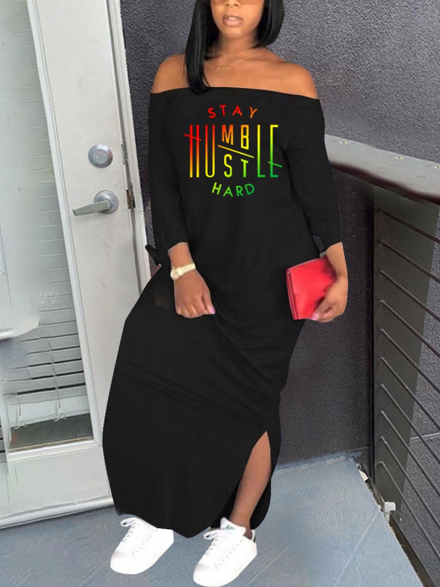 

LW SXY Gradient Letter Print Slit Dress, Black
