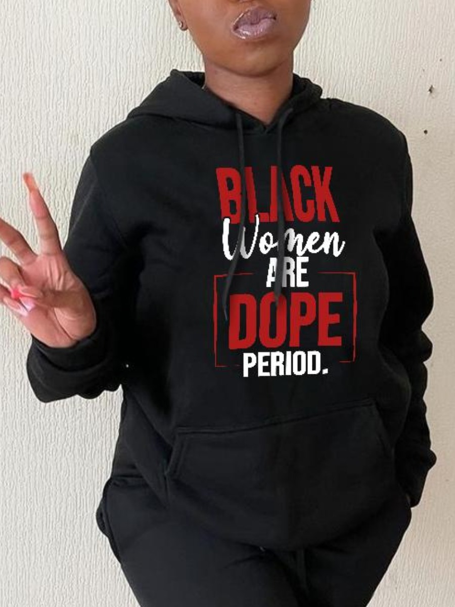 

LW BASICS Letter Print Kangaroo Pocket Hoodie, Black