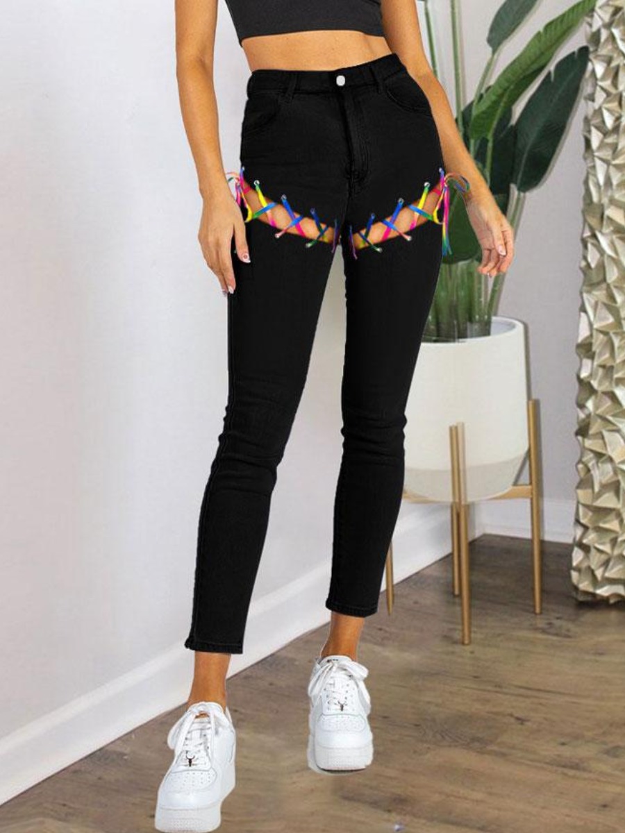

LW Stretch Ripped Bandage Design Jeans, Black