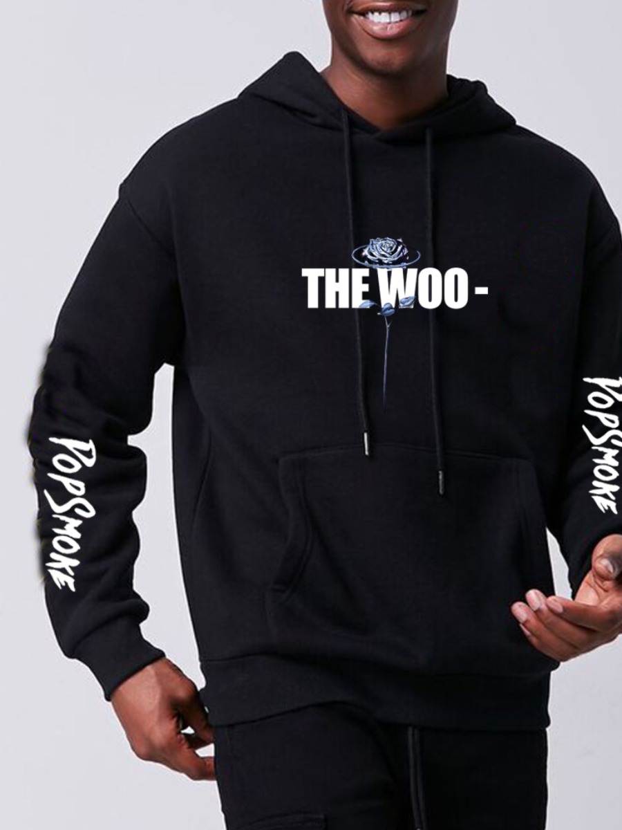 

LW Men Letter Print Kangaroo Pocket Hoodie, Black