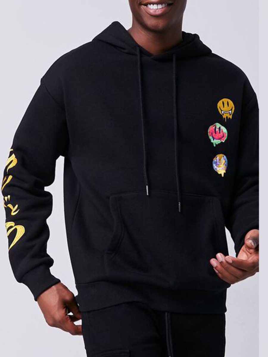 

LW Cartoon Letter Print Hoodie, Black