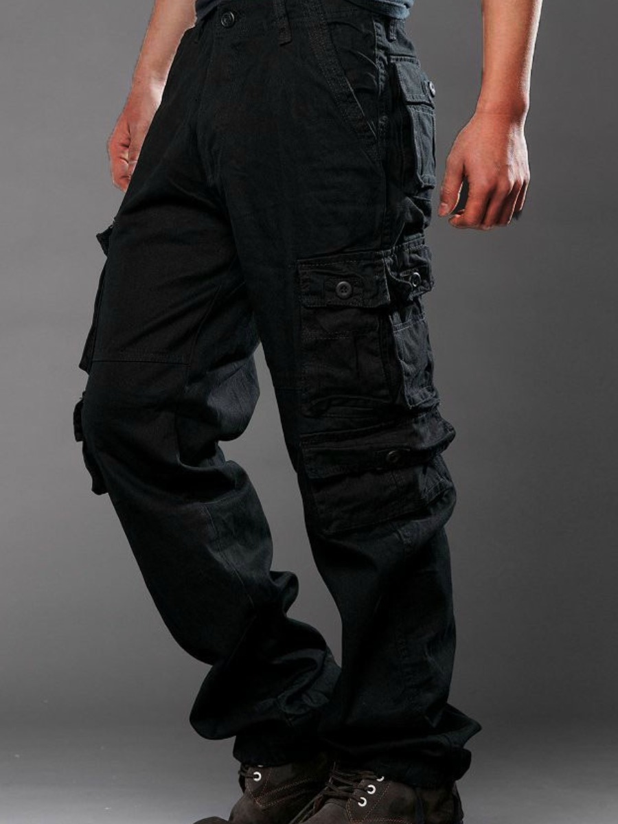 

LW COTTON Men Mid Waist Side Pocket Pants, Black