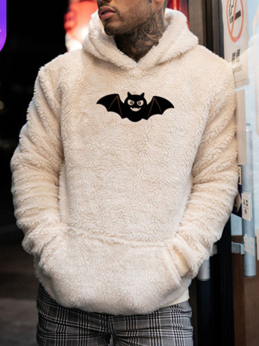 

LW BASICS Men Bat Print Plush Hoodie, Beige