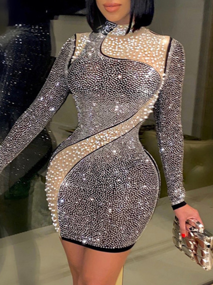 

LW Sequined See-through Bodycon Dress, Black