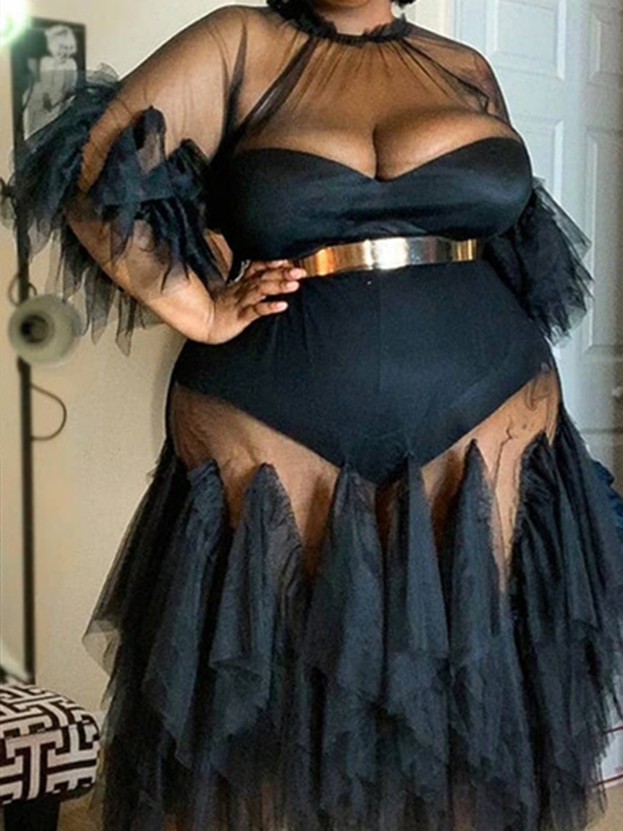 

LW SXY Plus Size See-through Flounce Design Dress, Black