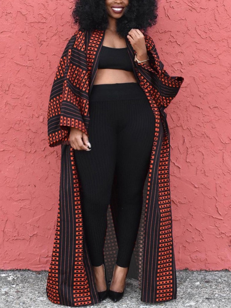 

LW Plus Size Geometric Print Loose Coat, Red