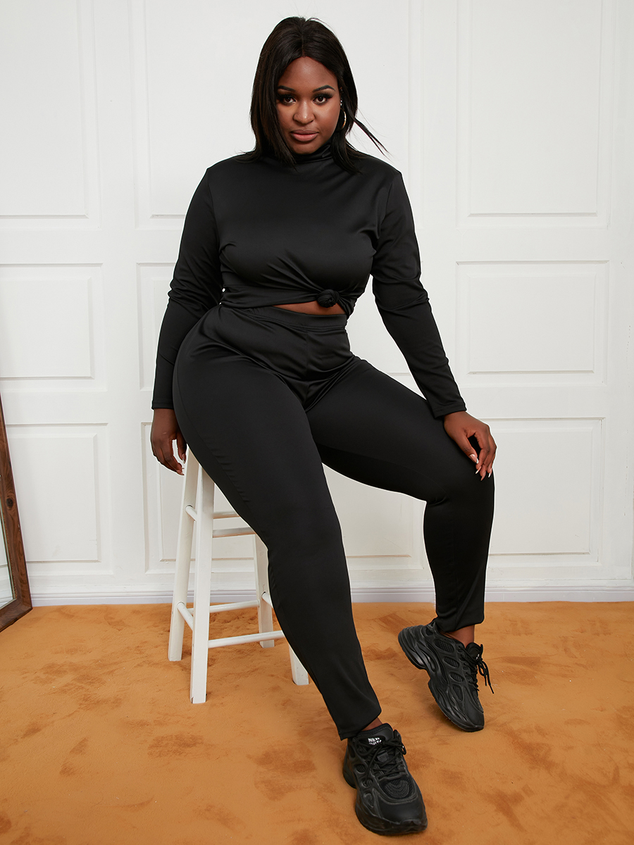 

LW Plus Size Turtleneck Elastic Pants Set, Black