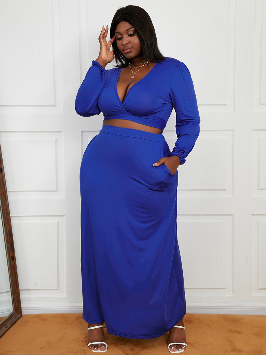 

LW Plus Size V Neck A Line Skirt Set, Blue