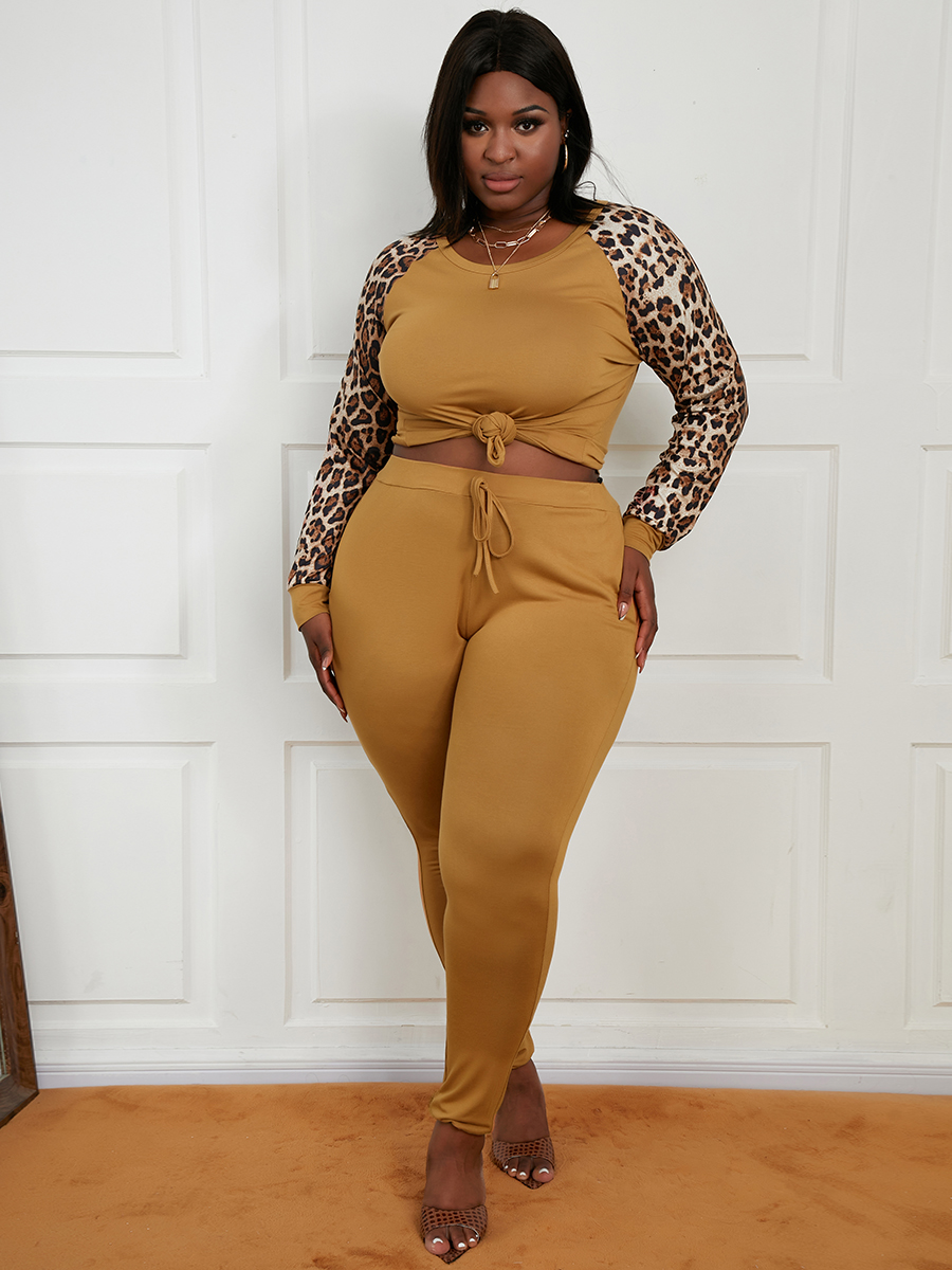 

LW Plus Size Leopard Print Drawstring Pants Set, Olive yellow