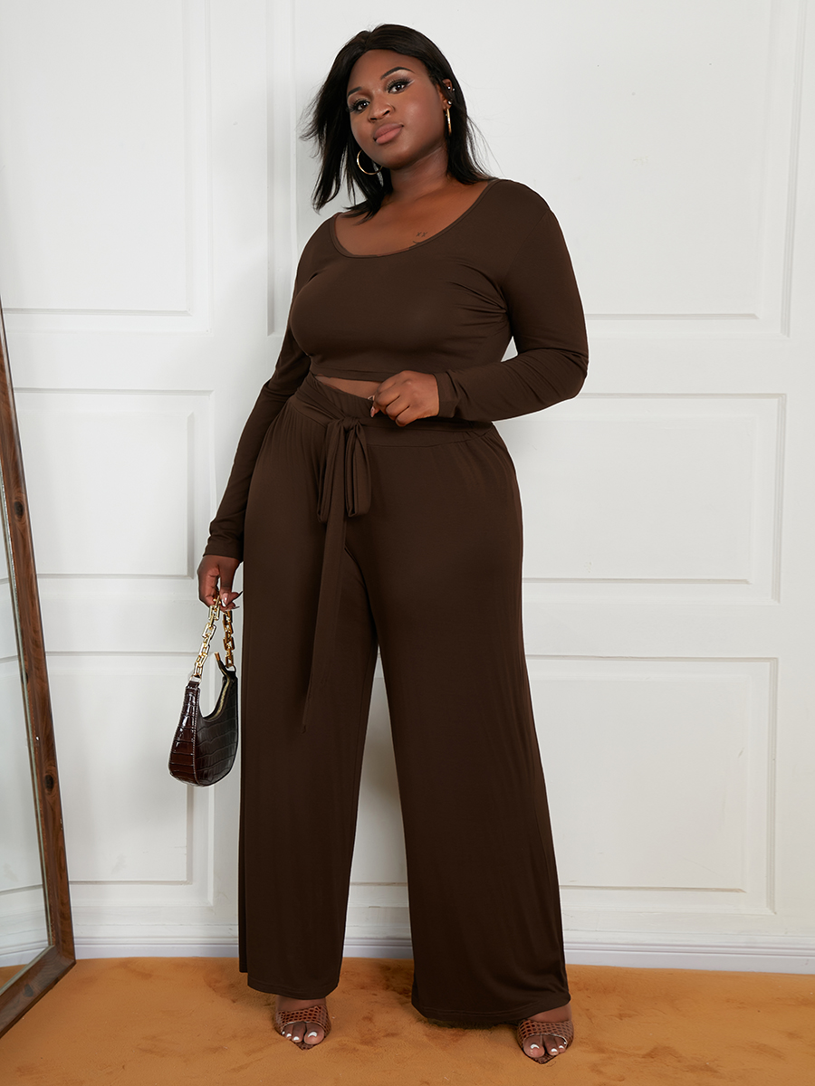 

LW Plus Size Crop Top Wide Leg Pants Set, Brown