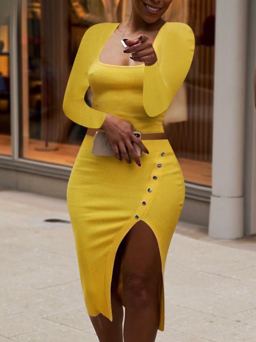 

LW SXY Button Design Slit Skirt Set, Yellow